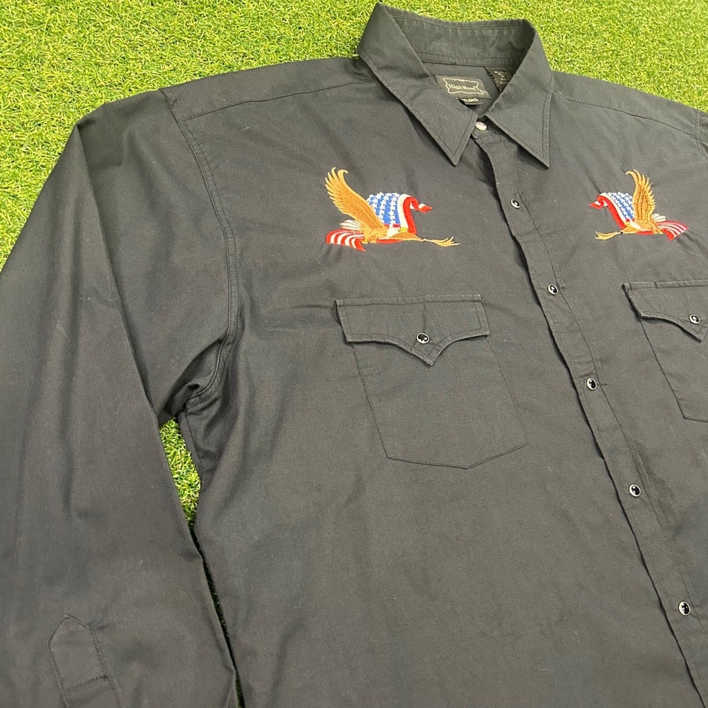 High Noon Mens XL Black Western Pearl Snap Shirt Eagle American Flag Embroidered - Picture 3 of 8